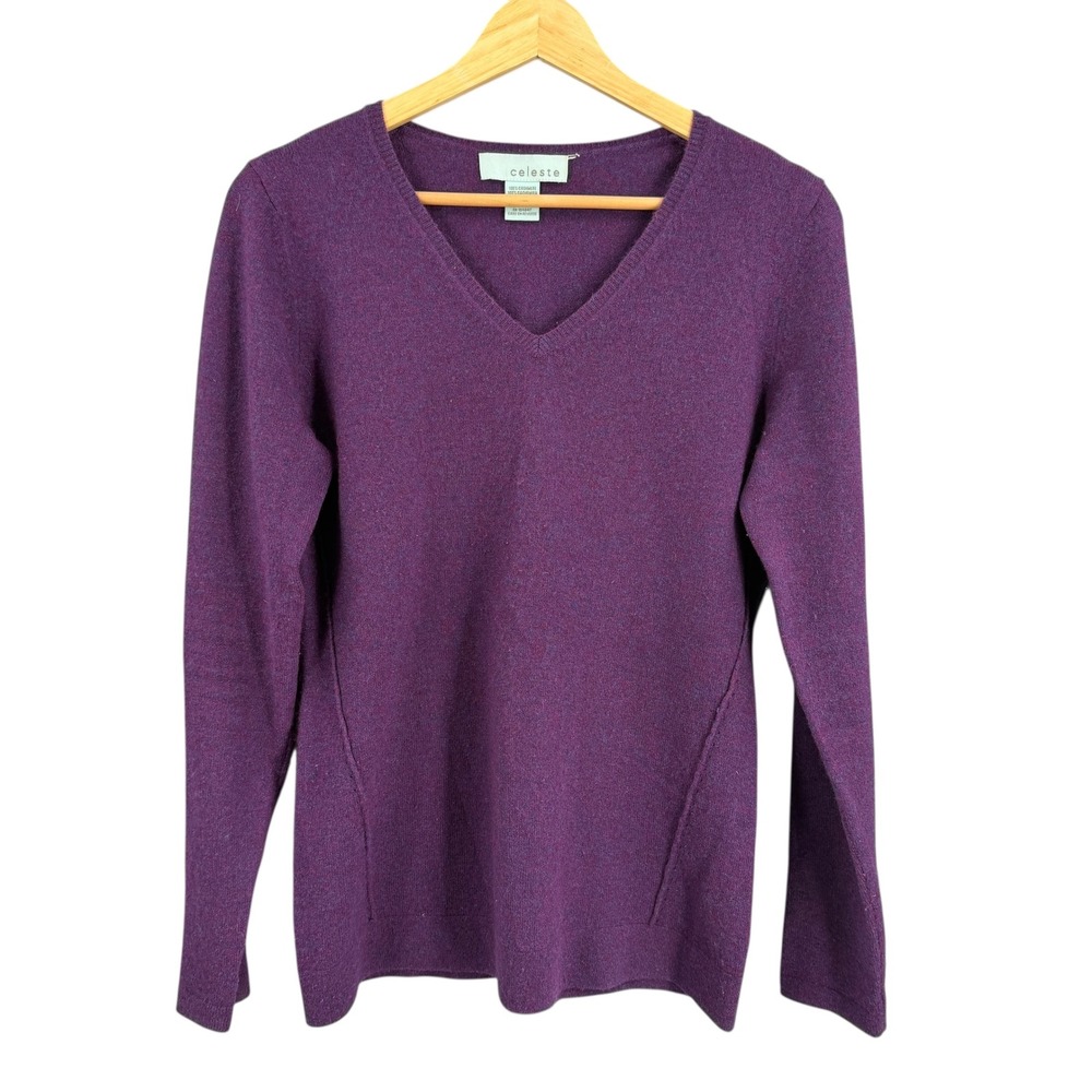Celeste 100% Cashmere Purple V-Neck Sweater Size Small Soft Knit Pullover